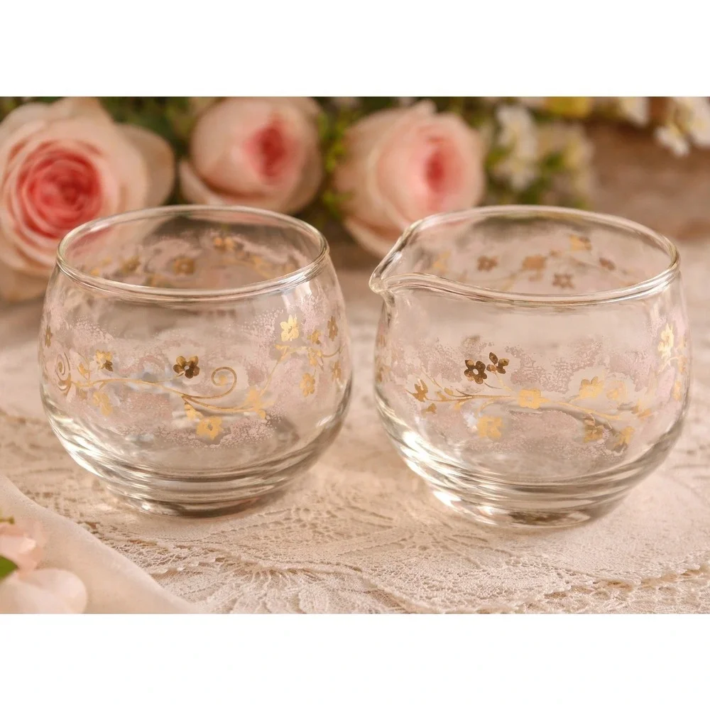 Vintage Glass Creamer and Sugar Bowl Set Gold Pink Floral Filigree Frosted Lace